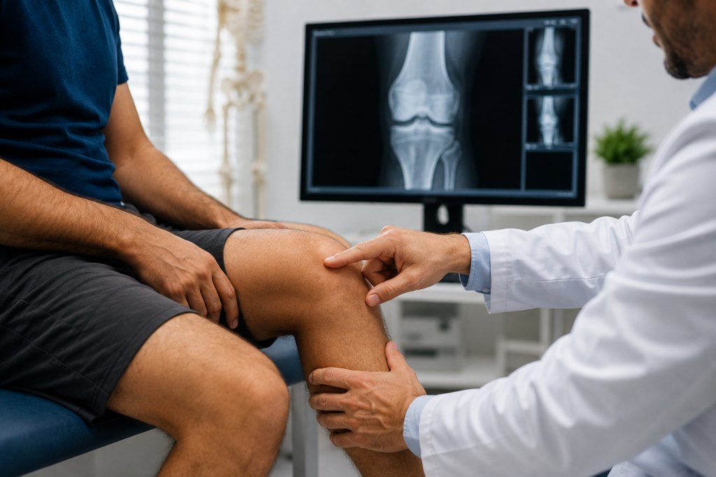 doctor examining patient knee