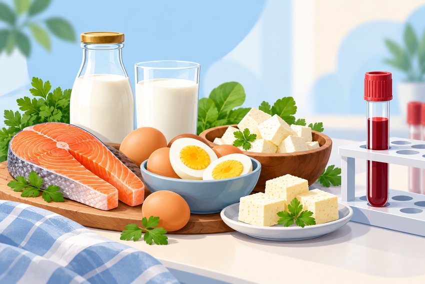 Vitamin B12 rich foods including eggs, fish, milk and paneer next to a blood test tube
