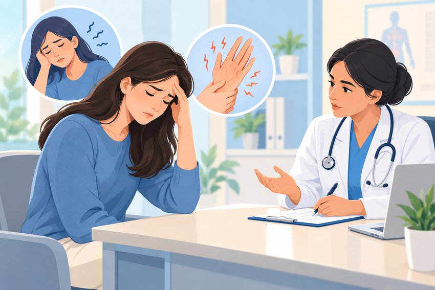 Woman with fatigue and tingling hands consulting a doctor about vitamin B12 deficiency