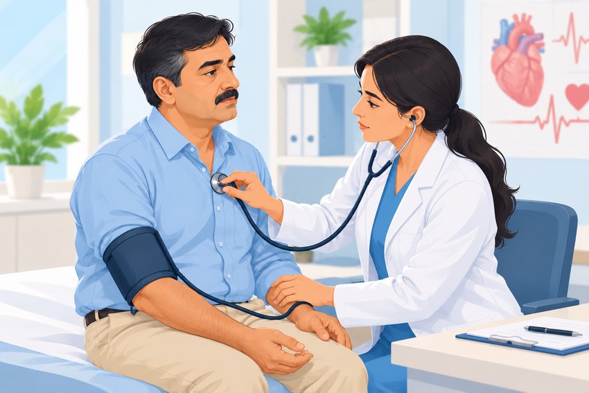 Doctor checking a patient's blood pressure and heart with a stethoscope