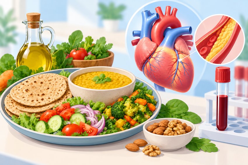 Heart-healthy Indian meal with dal, roti, salad and vegetables beside a blood sample tube