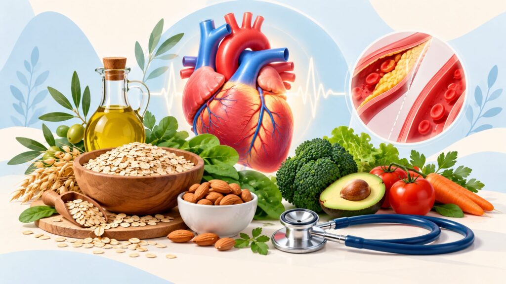Heart, oats, almonds and vegetables illustrating foods that lower high cholesterol