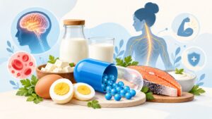Vitamin B12 rich foods and capsule illustrating vitamin B12 deficiency